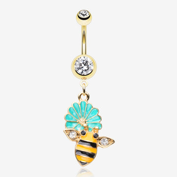 Golden Sweet Daisy Bumble Bee Sparkle Belly Button Ring-Clear Gem